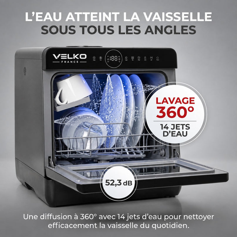 Mini Lave-Vaisselle VELKO Miniova – Lave-Vaisselle de Comptoir Compact – Réservoir 5 L – Cycle Rapide 29 min – Séchage – 52,3 dB – Noir