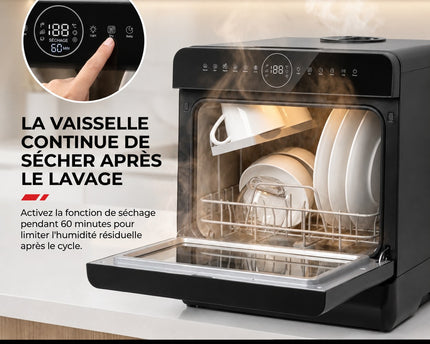 Mini Lave-Vaisselle VELKO Miniova – Lave-Vaisselle de Comptoir Compact – Réservoir 5 L – Cycle Rapide 29 min – Séchage – 52,3 dB – Noir