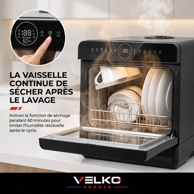 Mini Lave-Vaisselle VELKO Miniova – Lave-Vaisselle de Comptoir Compact – Réservoir 5 L – Cycle Rapide 29 min – Séchage – 52,3 dB – Noir