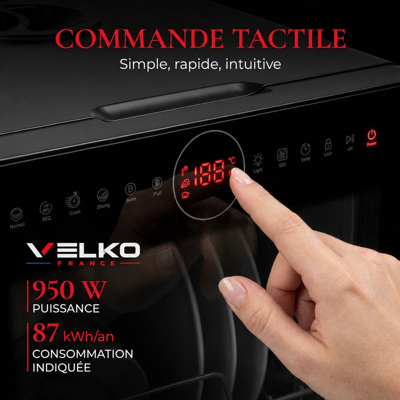 Mini Lave-Vaisselle VELKO Miniova – Lave-Vaisselle de Comptoir Compact – Réservoir 5 L – Cycle Rapide 29 min – Séchage – 52,3 dB – Noir