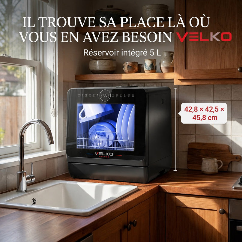 Mini Lave-Vaisselle VELKO Miniova – Lave-Vaisselle de Comptoir Compact – Réservoir 5 L – Cycle Rapide 29 min – Séchage – 52,3 dB – Noir