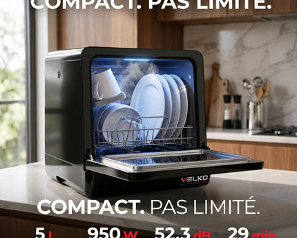 Mini Lave-Vaisselle VELKO Miniova – Lave-Vaisselle de Comptoir Compact – Réservoir 5 L – Cycle Rapide 29 min – Séchage – 52,3 dB – Noir