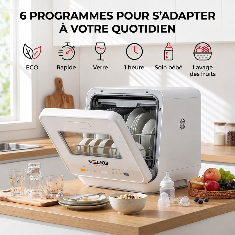 Mini Lave-Vaisselle VELKO Vapora 5 – Réservoir 5 L – 6 Programmes – Vapeur 98 °C – Stockage Ventilé 72 h – Blanc