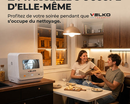 Mini Lave-Vaisselle VELKO Vapora 5 – Réservoir 5 L – 6 Programmes – Vapeur 98 °C – Stockage Ventilé 72 h – Blanc