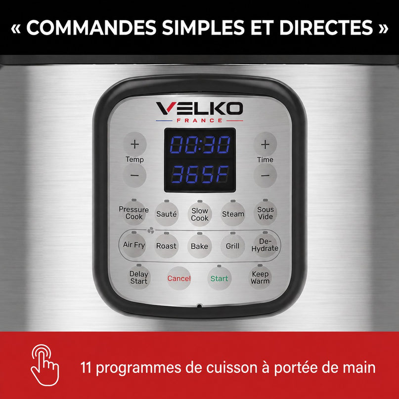 Multicuiseur & Air Fryer VELKO Fusion 6 – 5,7 L – 1500 W – 11 Fonctions de Cuisson – Cuisson Sous Pression & Friture à Air