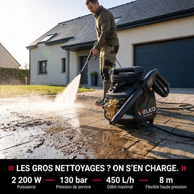 Nettoyeur Haute Pression VELKO Atlas 130 – 2 200 W – 130 Bar – 450 L/h – Pompe Laiton – Flexible 8 m