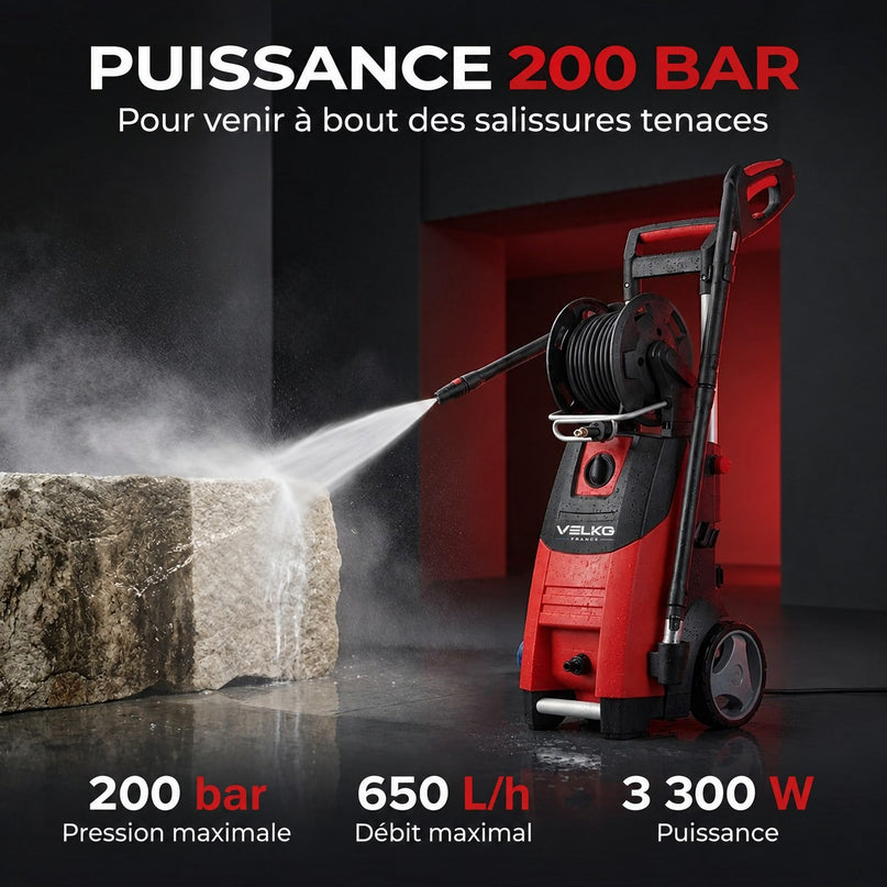 Nettoyeur Haute Pression VELKO Forge 200 – 3 300 W – 200 Bar – 650 L/h – Flexible 15 m avec Enrouleur
