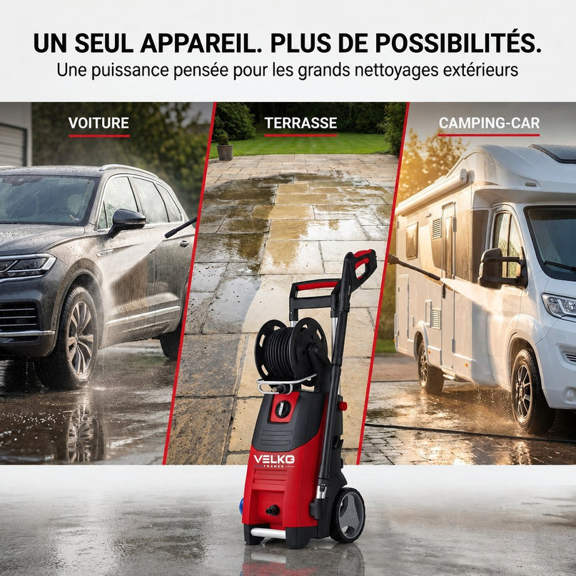 Nettoyeur Haute Pression VELKO Forge 200 – 3 300 W – 200 Bar – 650 L/h – Flexible 15 m avec Enrouleur
