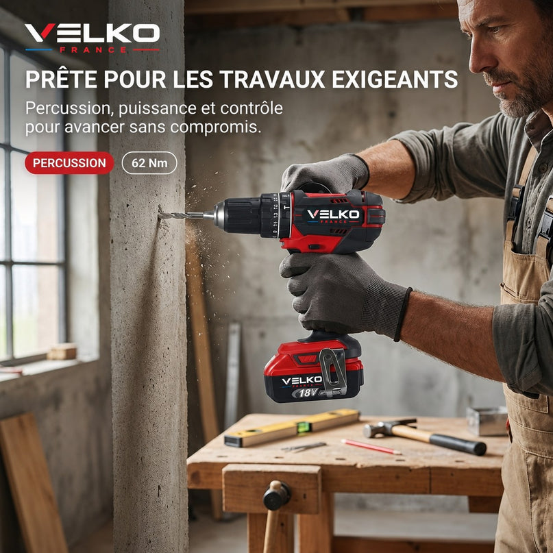 Perceuse à Percussion Sans Fil VELKO Torq 62 – 18 V – 62 Nm – 3 Batteries 4,0 Ah – 2 Vitesses