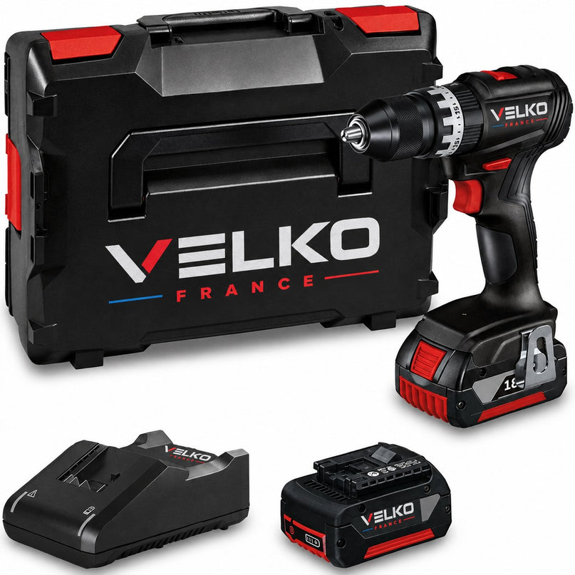 Perceuse-Visseuse à Percussion Sans Fil VELKO Core 45 – 18 V – 45 Nm – Brushless – 2 Batteries 3,0 Ah – Mandrin 13 mm – Coffret Inclus