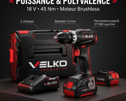 Perceuse-Visseuse à Percussion Sans Fil VELKO Core 45 – 18 V – 45 Nm – Brushless – 2 Batteries 3,0 Ah – Mandrin 13 mm – Coffret Inclus