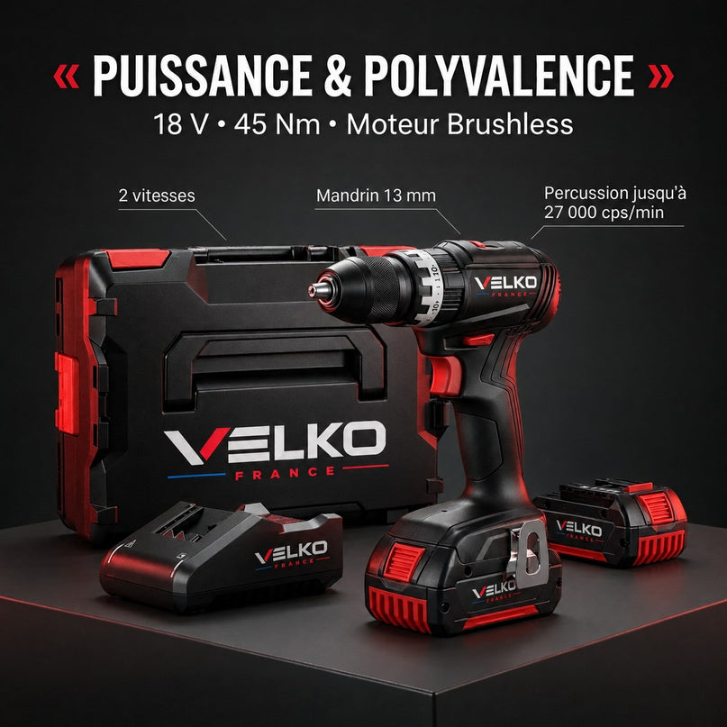 Perceuse-Visseuse à Percussion Sans Fil VELKO Core 45 – 18 V – 45 Nm – Brushless – 2 Batteries 3,0 Ah – Mandrin 13 mm – Coffret Inclus