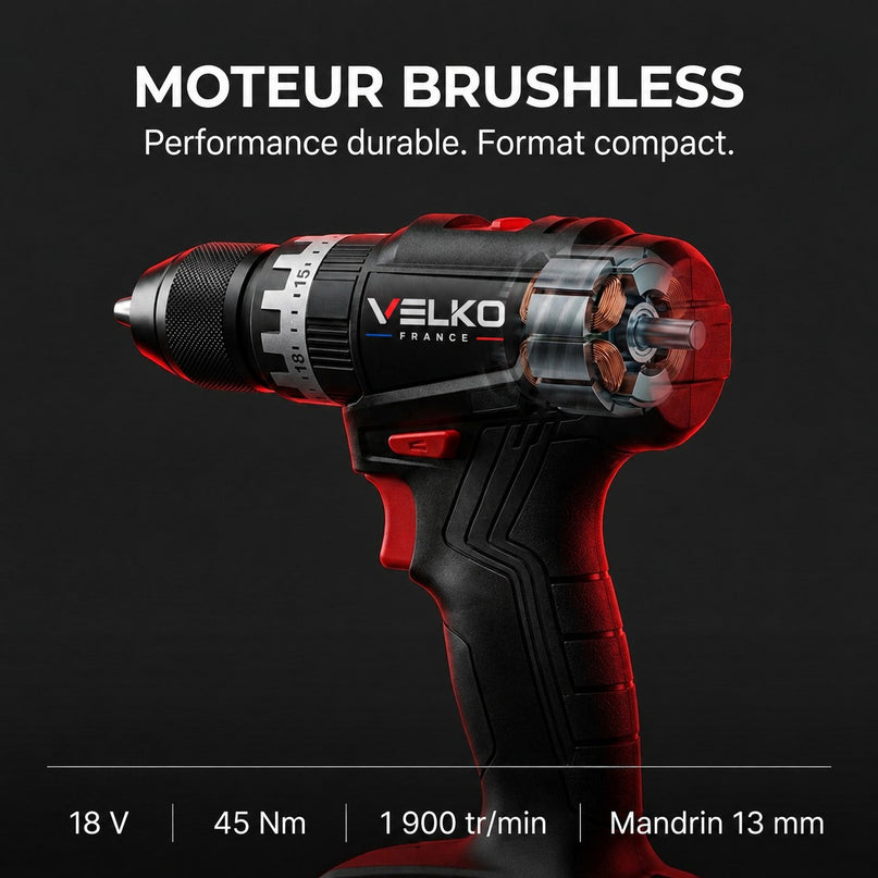 Perceuse-Visseuse à Percussion Sans Fil VELKO Core 45 – 18 V – 45 Nm – Brushless – 2 Batteries 3,0 Ah – Mandrin 13 mm – Coffret Inclus