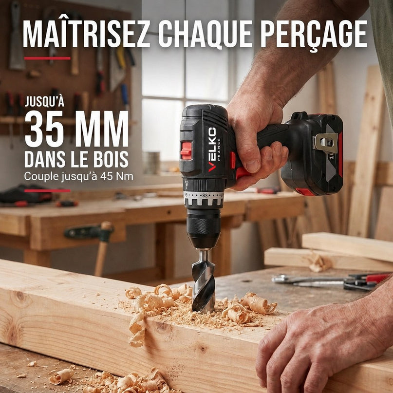 Perceuse-Visseuse à Percussion Sans Fil VELKO Core 45 – 18 V – 45 Nm – Brushless – 2 Batteries 3,0 Ah – Mandrin 13 mm – Coffret Inclus