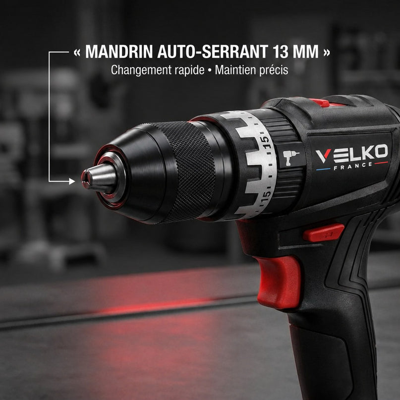 Perceuse-Visseuse à Percussion Sans Fil VELKO Core 45 – 18 V – 45 Nm – Brushless – 2 Batteries 3,0 Ah – Mandrin 13 mm – Coffret Inclus