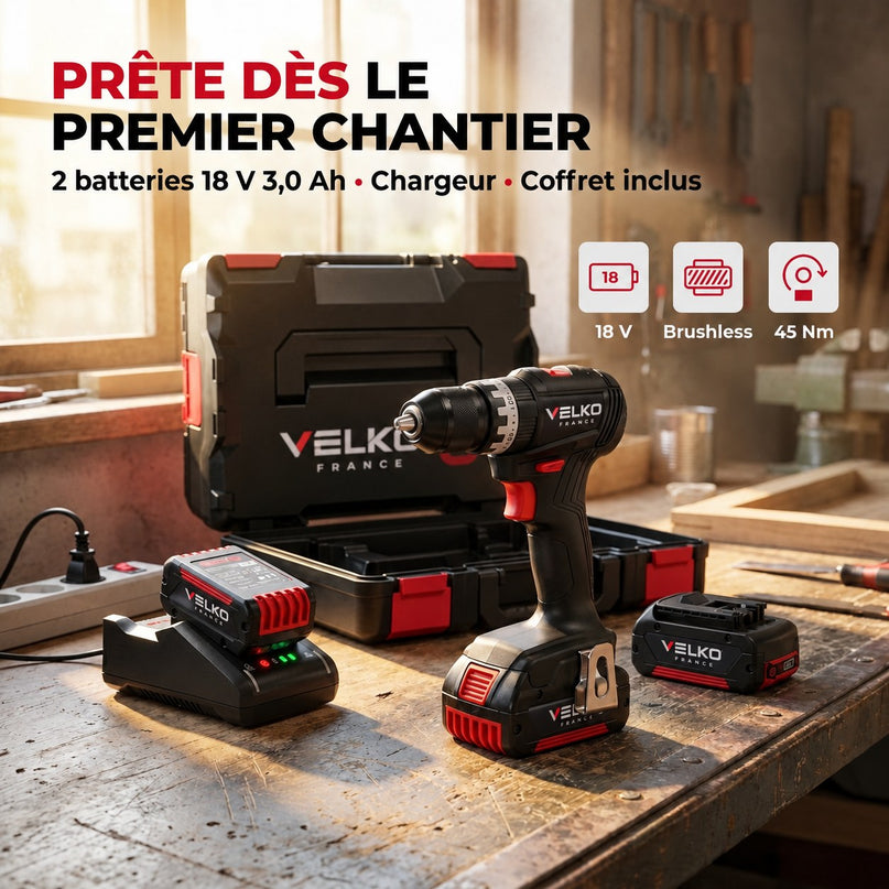 Perceuse-Visseuse à Percussion Sans Fil VELKO Core 45 – 18 V – 45 Nm – Brushless – 2 Batteries 3,0 Ah – Mandrin 13 mm – Coffret Inclus
