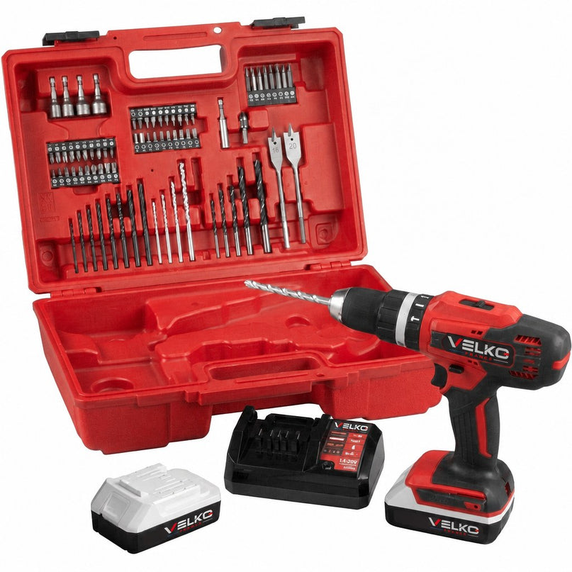 Perceuse Visseuse à Percussion Sans Fil VELKO Forge 42 – 18 V – 42 Nm – 2 Batteries 2 Ah – 74 Accessoires – Mandrin 13 mm