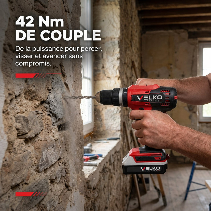 Perceuse Visseuse à Percussion Sans Fil VELKO Forge 42 – 18 V – 42 Nm – 2 Batteries 2 Ah – 74 Accessoires – Mandrin 13 mm