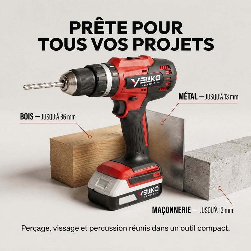 Perceuse Visseuse à Percussion Sans Fil VELKO Forge 42 – 18 V – 42 Nm – 2 Batteries 2 Ah – 74 Accessoires – Mandrin 13 mm