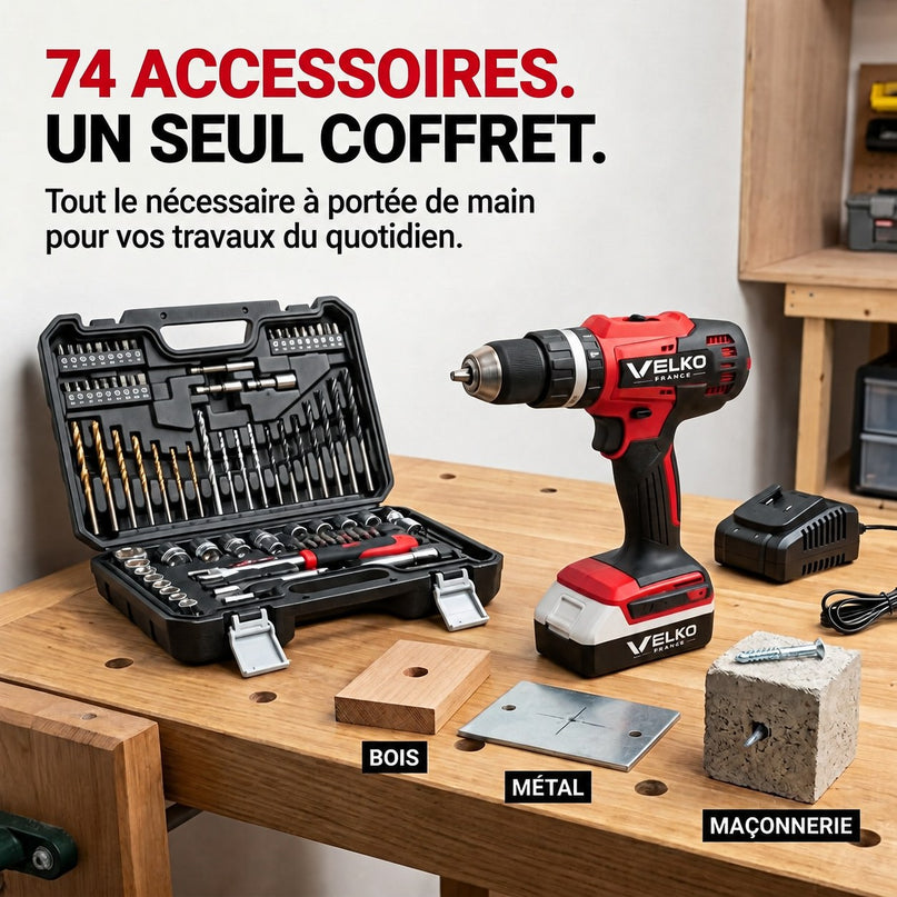 Perceuse Visseuse à Percussion Sans Fil VELKO Forge 42 – 18 V – 42 Nm – 2 Batteries 2 Ah – 74 Accessoires – Mandrin 13 mm
