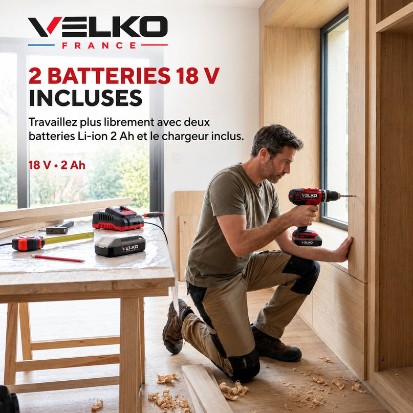 Perceuse Visseuse à Percussion Sans Fil VELKO Forge 42 – 18 V – 42 Nm – 2 Batteries 2 Ah – 74 Accessoires – Mandrin 13 mm
