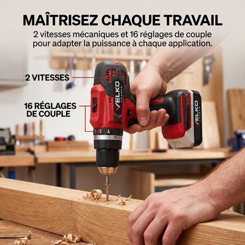 Perceuse Visseuse à Percussion Sans Fil VELKO Forge 42 – 18 V – 42 Nm – 2 Batteries 2 Ah – 74 Accessoires – Mandrin 13 mm