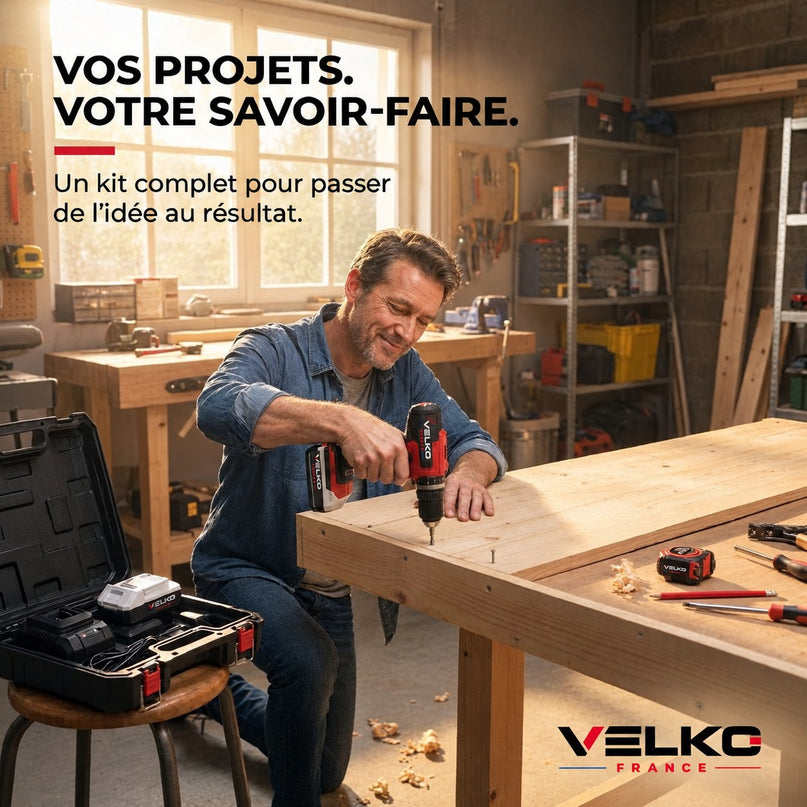 Perceuse Visseuse à Percussion Sans Fil VELKO Forge 42 – 18 V – 42 Nm – 2 Batteries 2 Ah – 74 Accessoires – Mandrin 13 mm