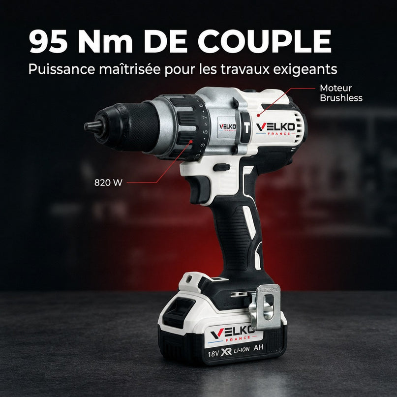 Perceuse-Visseuse à Percussion Sans Fil VELKO Raptor 95 – 18 V – 95 Nm – 2 Batteries 5 Ah – Brushless – 3 Vitesses – Mandrin 13 mm – Coffret Inclus