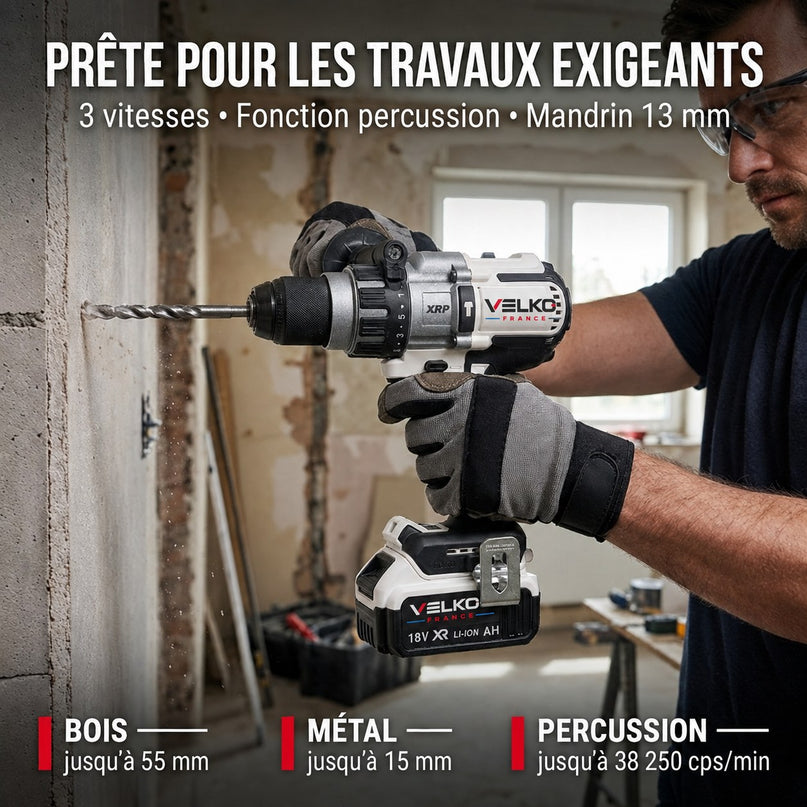 Perceuse-Visseuse à Percussion Sans Fil VELKO Raptor 95 – 18 V – 95 Nm – 2 Batteries 5 Ah – Brushless – 3 Vitesses – Mandrin 13 mm – Coffret Inclus