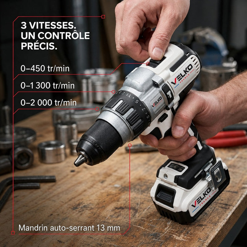 Perceuse-Visseuse à Percussion Sans Fil VELKO Raptor 95 – 18 V – 95 Nm – 2 Batteries 5 Ah – Brushless – 3 Vitesses – Mandrin 13 mm – Coffret Inclus