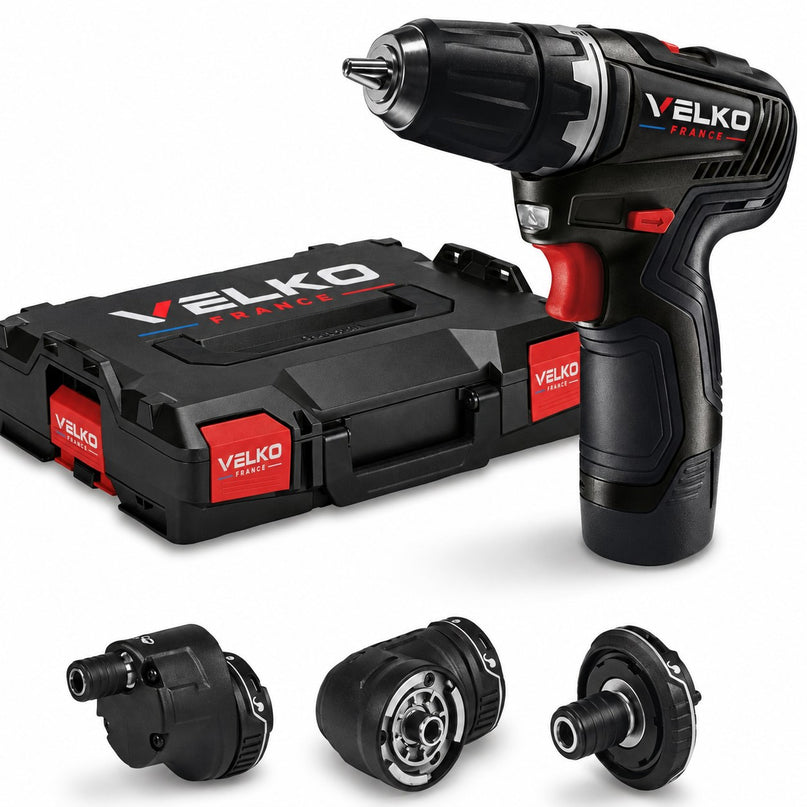 Perceuse-Visseuse Sans Fil VELKO Pivot 35 – 12 V – 35 Nm – Brushless – 4 Accessoires Interchangeables – Mandrin 10 mm – Coffret Inclus