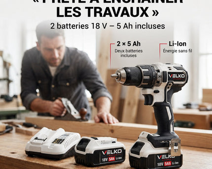Perceuse-Visseuse Sans Fil VELKO Striker 70 – 18 V – 70 Nm – 2 Batteries 5 Ah – Brushless – Mandrin 13 mm – Coffret Inclus