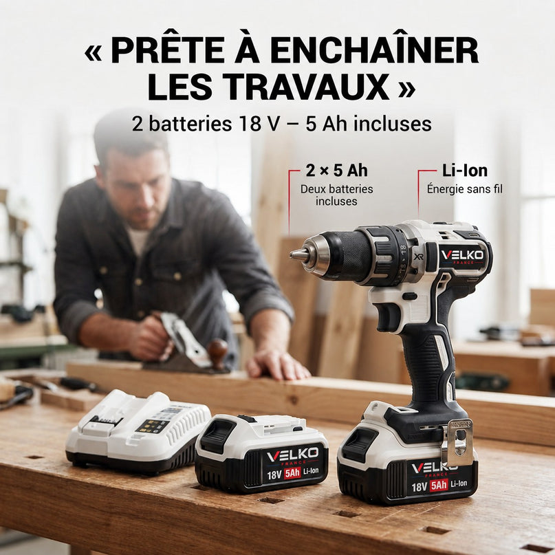 Perceuse-Visseuse Sans Fil VELKO Striker 70 – 18 V – 70 Nm – 2 Batteries 5 Ah – Brushless – Mandrin 13 mm – Coffret Inclus