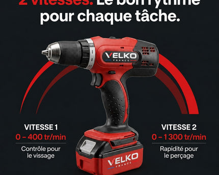 Perceuse-Visseuse Sans Fil VELKO Voltis 42 – 18 V – 42 Nm – 2 Batteries 3 Ah – 2 Vitesses – Mandrin 13 mm – Coffret Inclus