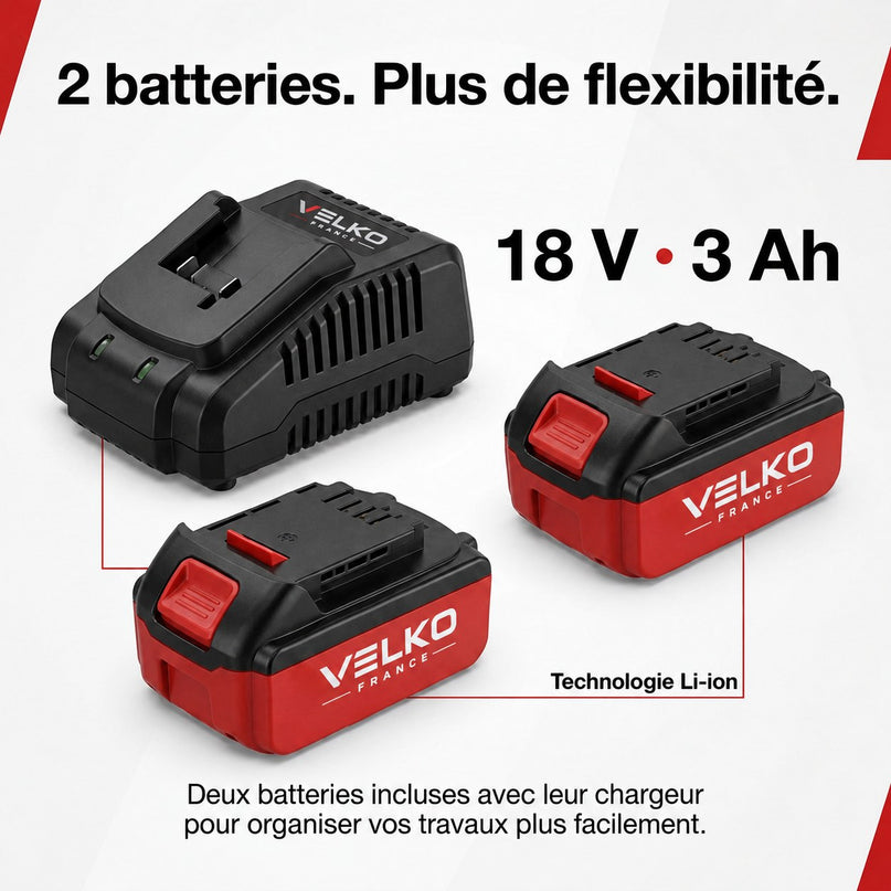 Perceuse-Visseuse Sans Fil VELKO Voltis 42 – 18 V – 42 Nm – 2 Batteries 3 Ah – 2 Vitesses – Mandrin 13 mm – Coffret Inclus