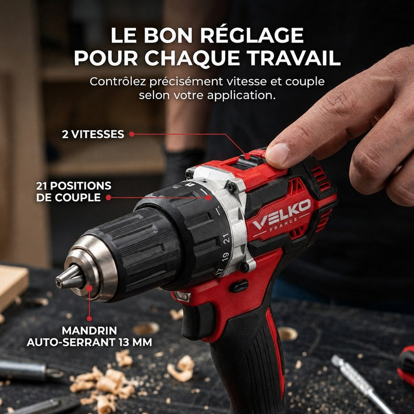 Perceuse-Visseuse Sans Fil VELKO Vortex 54 – 18 V – 54 Nm – Moteur Brushless – 2 Vitesses – Mandrin 13 mm – Produit Seul