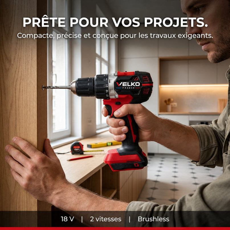 Perceuse-Visseuse Sans Fil VELKO Vortex 54 – 18 V – 54 Nm – Moteur Brushless – 2 Vitesses – Mandrin 13 mm – Produit Seul