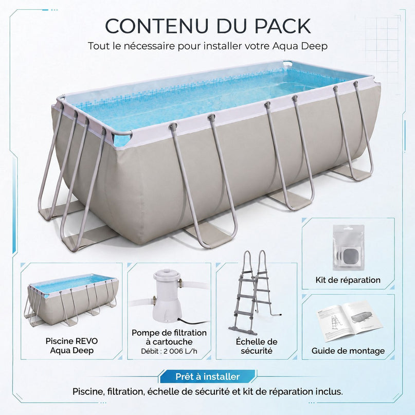 Piscine Hors-Sol Rectangulaire VELKO Aqua Deep – 400 × 207 × 122 cm – 8 870 L – Filtration 2 006 L/h
