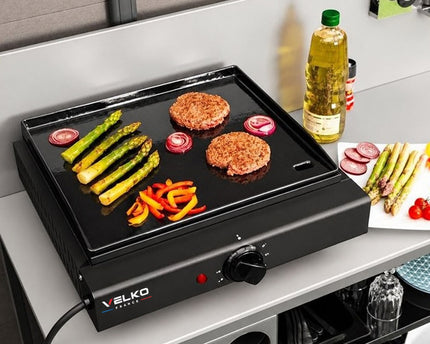 Plancha électrique VELKO Cadix – 2 kW – Plaque en fonte émaillée 43 × 37 cm