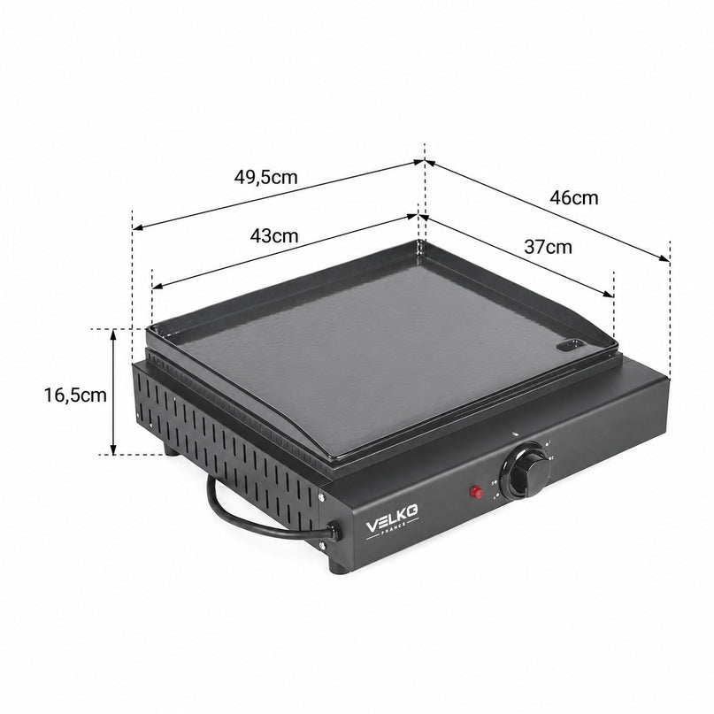 Plancha électrique VELKO Cadix – 2 kW – Plaque en fonte émaillée 43 × 37 cm