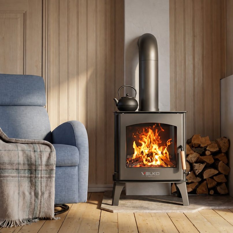 Poêle à bois VELKO 11,8 kW – Bûches 52 cm – Vitre propre