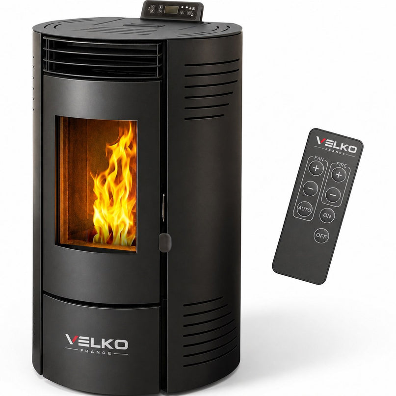 Poêle à granulés VELKO 11,6 kW – Étanche – Canalisable – Réservoir 15 kg – Jusqu'à 240 m³ – Programmable