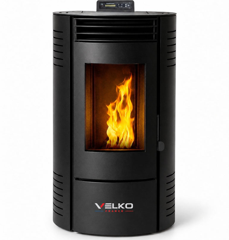 Poêle à granulés VELKO 11,6 kW – Étanche – Canalisable – Réservoir 15 kg – Jusqu'à 240 m³ – Programmable