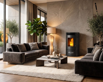 Poêle à granulés VELKO 11,6 kW – Étanche – Canalisable – Réservoir 15 kg – Jusqu'à 240 m³ – Programmable