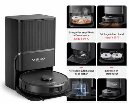 Robot Aspirateur Laveur VELKO Apex 25 Noir – 25 000 Pa avec Station Multifonctionnelle & Navigation Intelligente