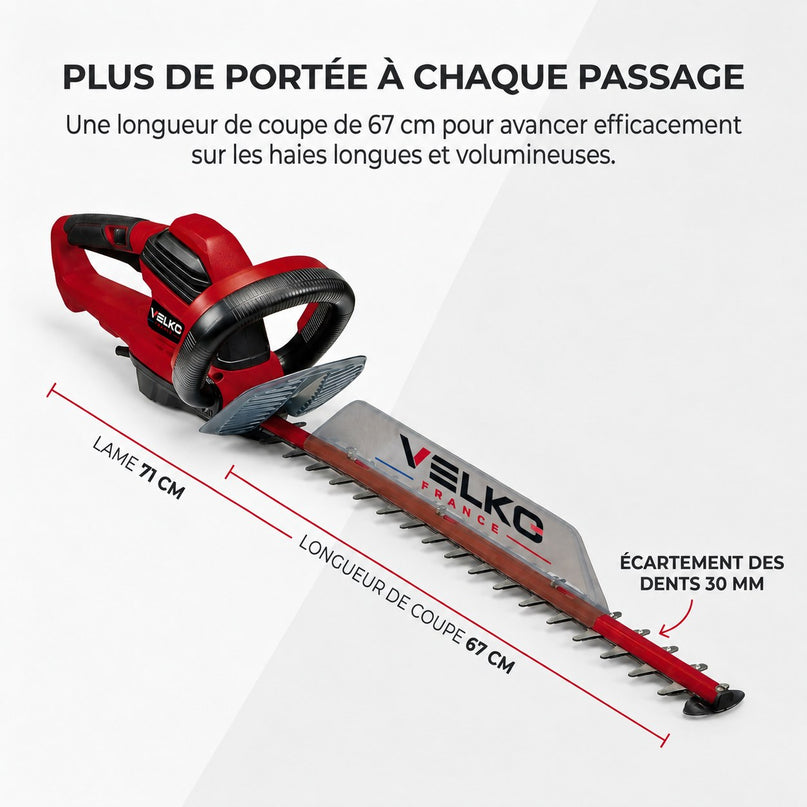 Taille-Haie Électrique VELKO Blade 67 – 700 W – Lame 71 cm – Coupe 67 cm – Écartement 30 mm – Poignée Pivotante
