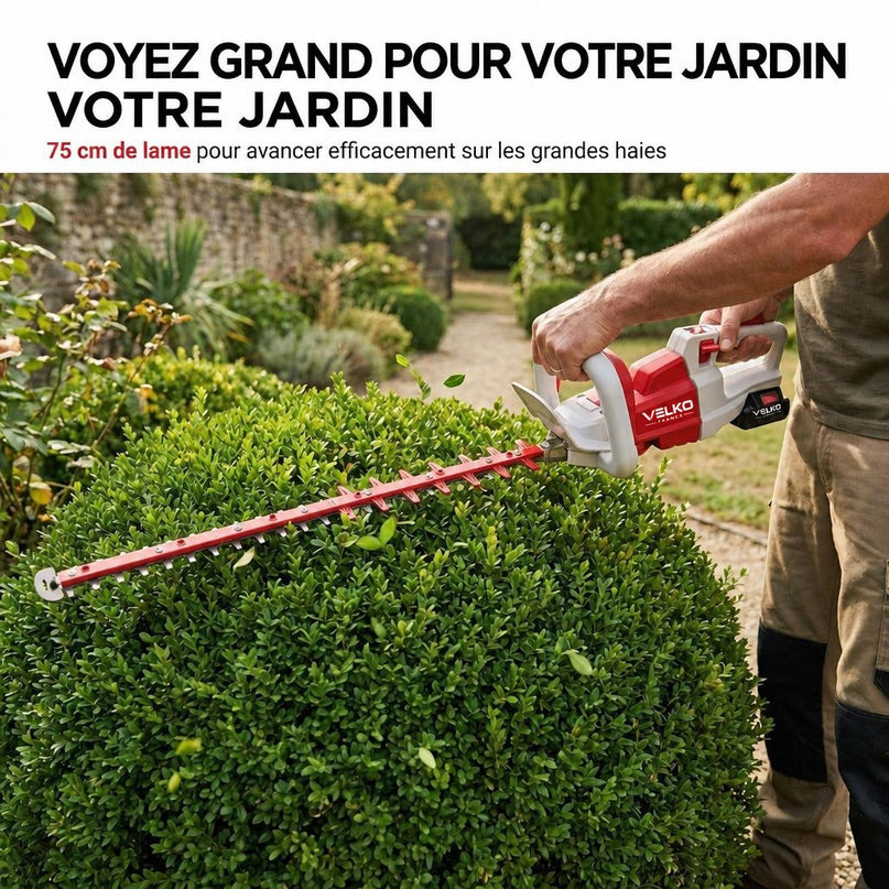 Taille-Haie Sans Fil VELKO Altis 75 – 18 V – Lame 75 cm – 3 Vitesses – 4 400 cps/min – Espacement 35 mm