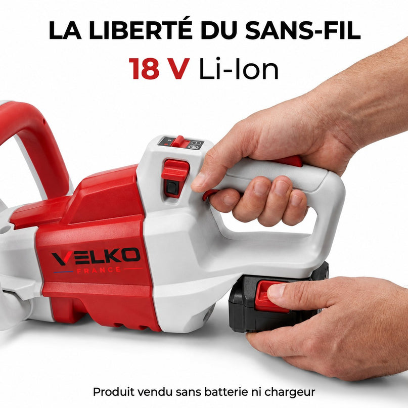 Taille-Haie Sans Fil VELKO Altis 75 – 18 V – Lame 75 cm – 3 Vitesses – 4 400 cps/min – Espacement 35 mm