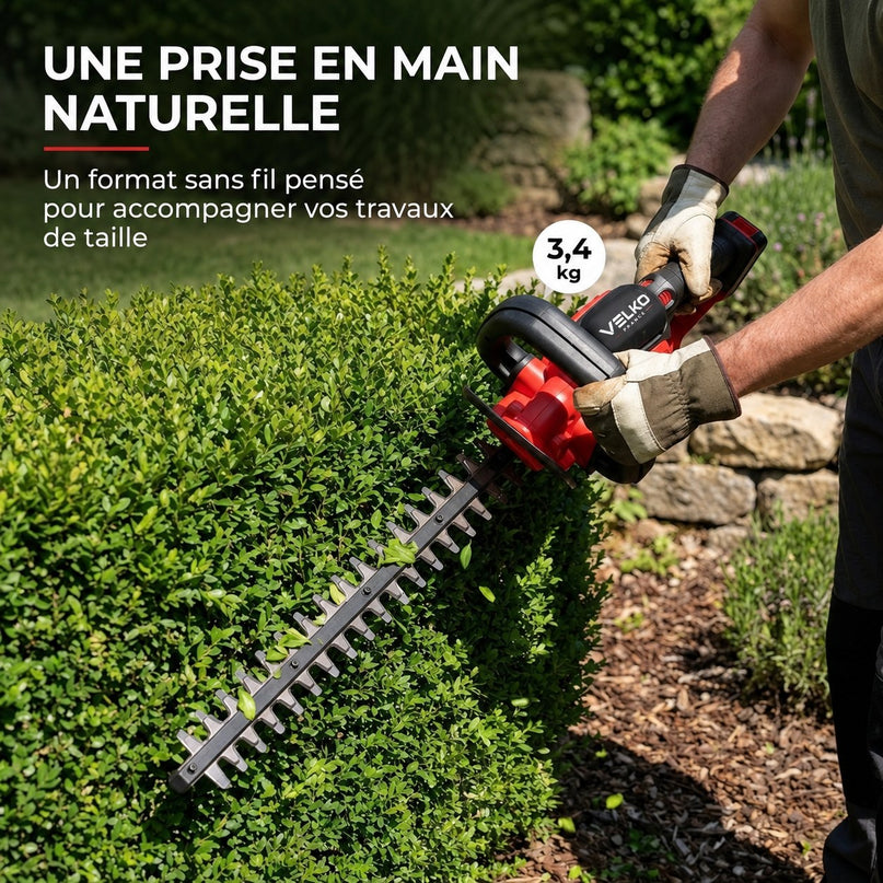 Taille-Haie Sans Fil VELKO Silex 55 – 18 V – Lame 55 cm – Coupe jusqu’à 19 mm – Autonomie jusqu’à 75 min