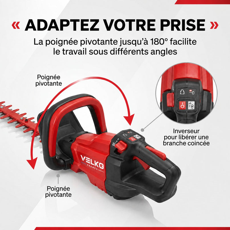 Taille-Haie Sans Fil VELKO Stratos 60 – 18 V – Lame 60 cm – Moteur Sans Charbon – 4 400 cps/min – Espacement 35 mm
